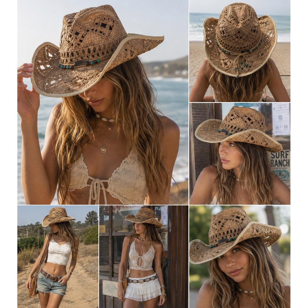 Billabong Tipton Straw Cowboy Hat Tan Woven Western Beaded JACRVARG One Size